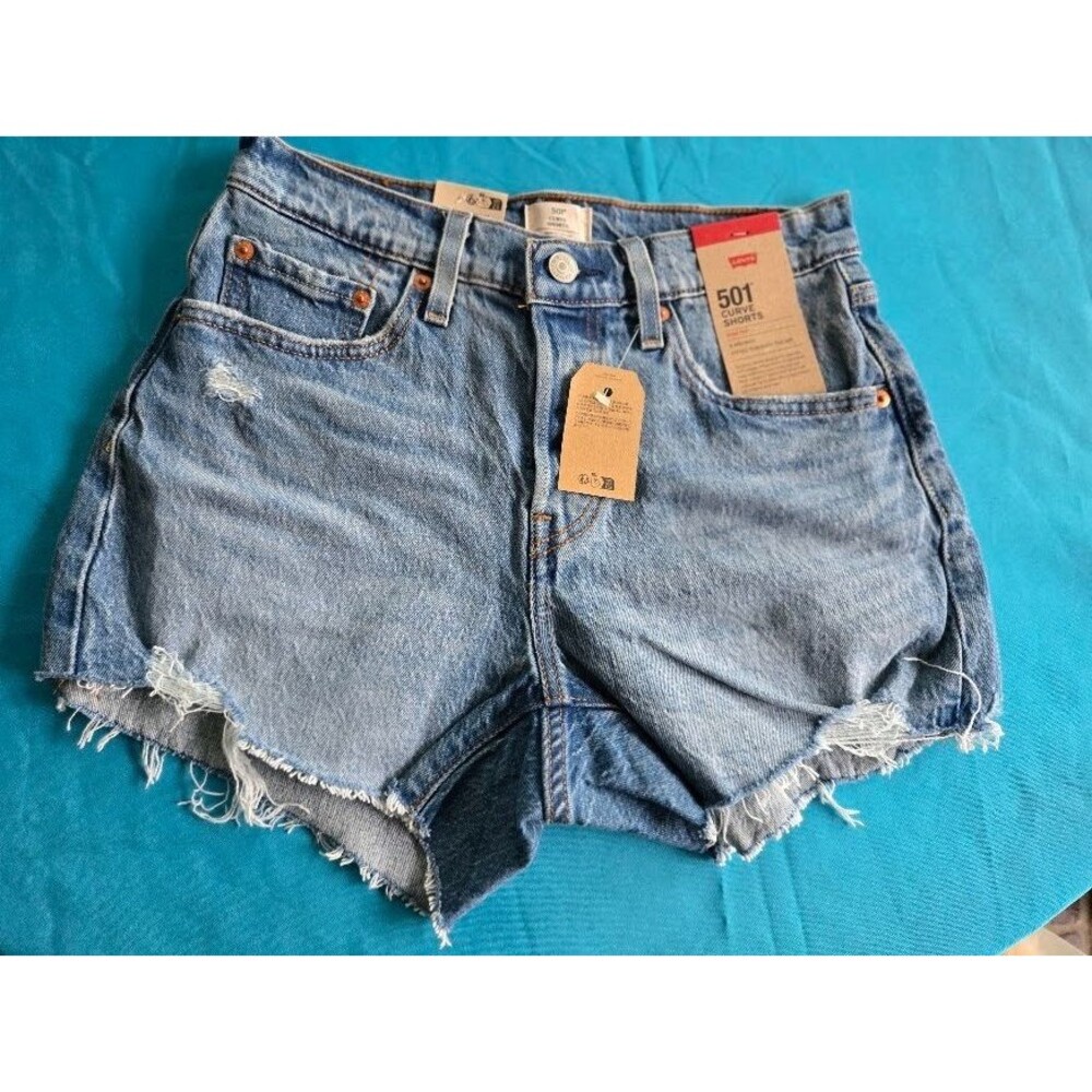 Levi's 501 Curve Denim Shorts Blue Mid Rise Distressed Womens 28 Waist NEW